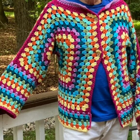 Handmade Sweaters - Cardigan Sweater Multicolor Handmade Crochet with 2 Buttons Large
